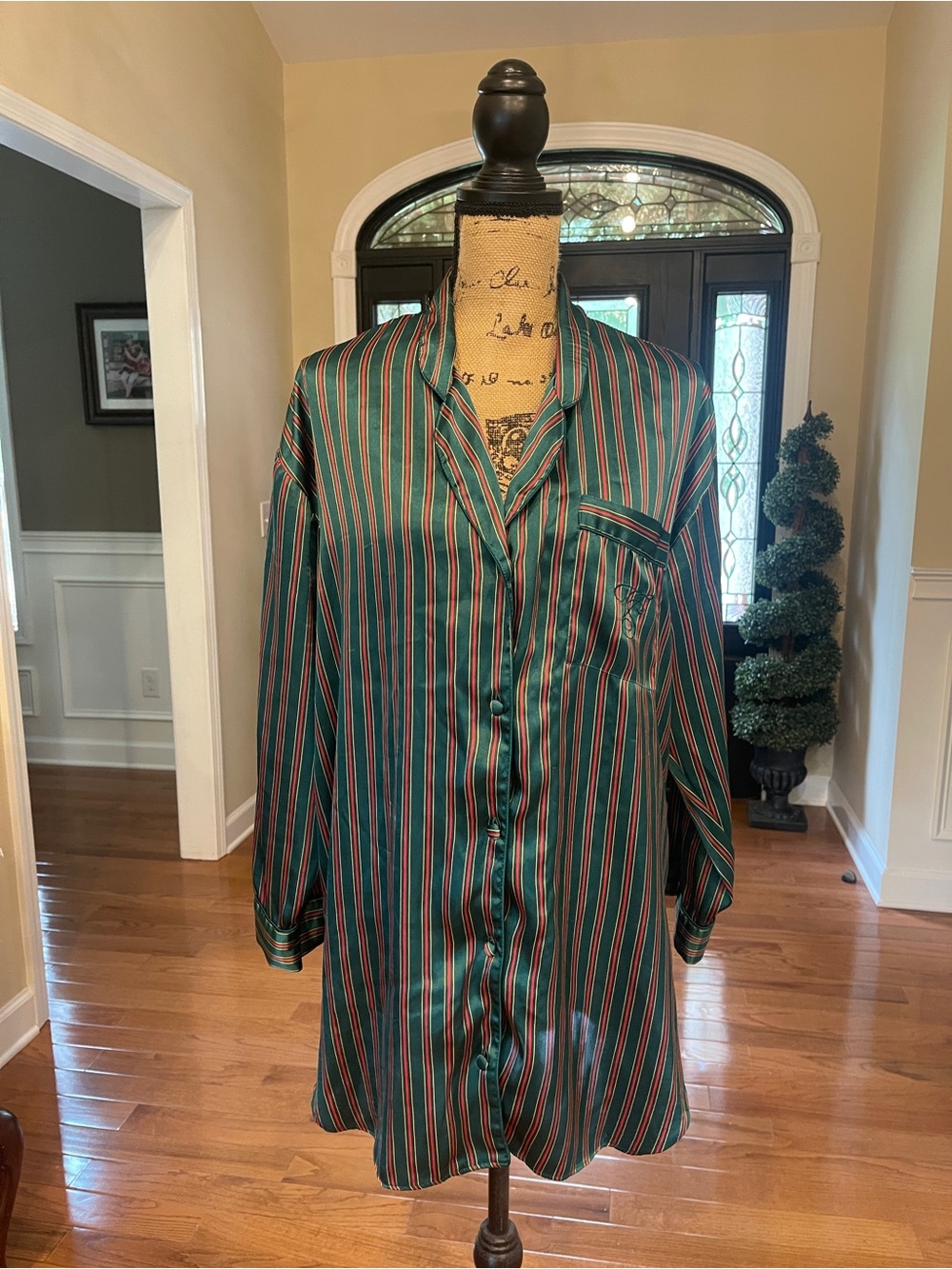 Victoria's Secret Vintage Green Red Gold Stripe Logo Button Down Sleep Shirt M